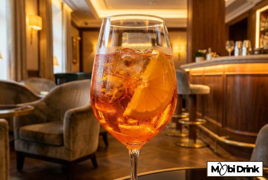 Pomarańczowy Aperol Spritz w kieliszku z lodem