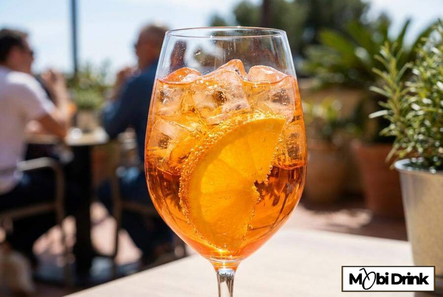 Kieliszek z pomarańczowym drinkiem Aperol Spritz i lodem
