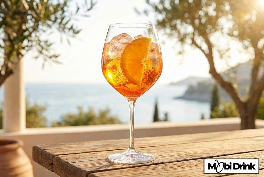 Kieliszek Aperol Spritz z lodem i plastrem pomarańczy