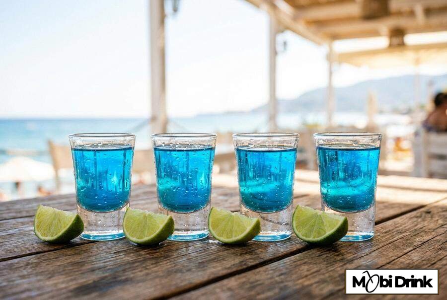 Niebieskie shoty Blue Kamikaze w rzędzie z limonką