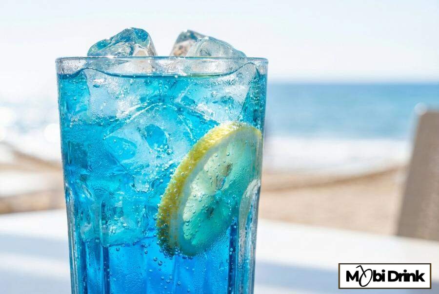 Niebieski drink bezalkoholowy blue lagoon z cytryną.