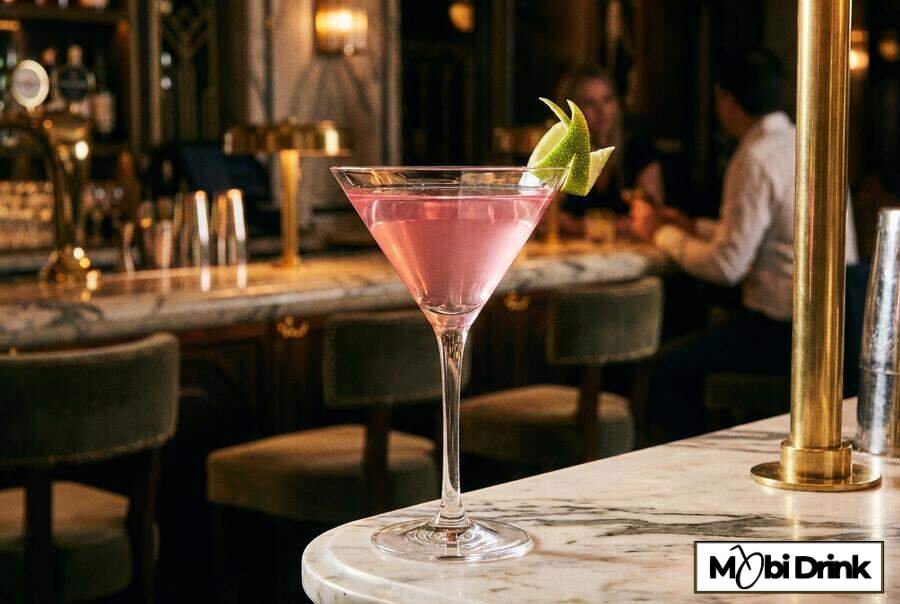 Różowy drink Cosmopolitan w kieliszku martini z limonką