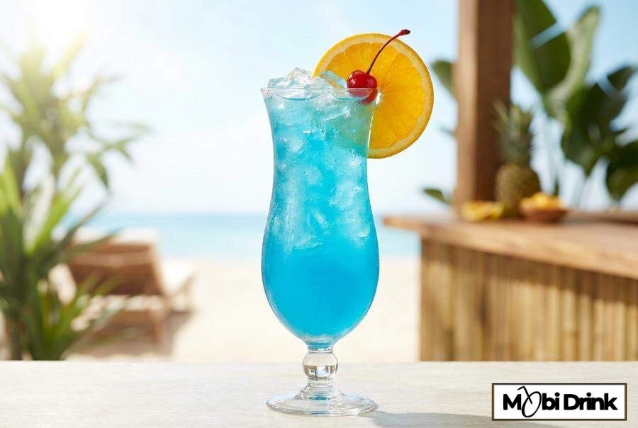 Błękitny drink Blue Lagoon z pomarańczą i lodem
