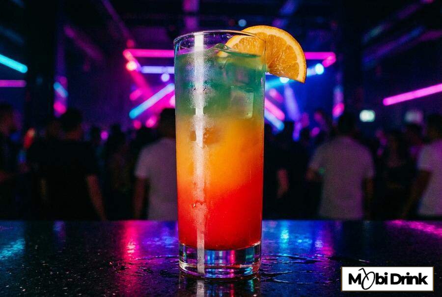 Warstwowy kolorowy drink Ekstravaganza w wysokiej szklance
