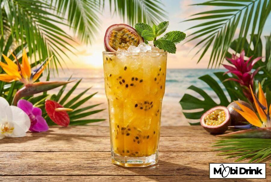 Egzotyczny drink Ouzo z sokiem z marakui i miętą