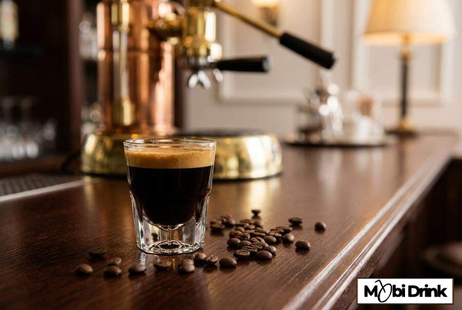 Kawowy shot espresso z pianką i ziarnami kawy
