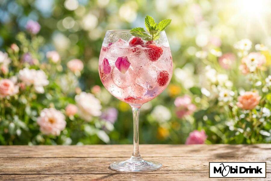 Różowy drink z płatkami róży w kieliszku