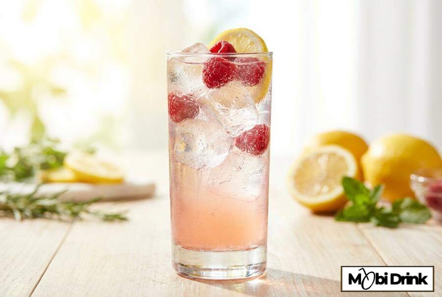 Różowy drink z malinówką i spritem w wysokiej szklance