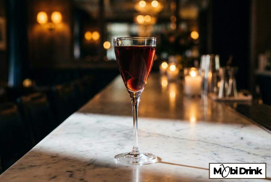 Czerwony drink Manhattan w kieliszku na nóżce.