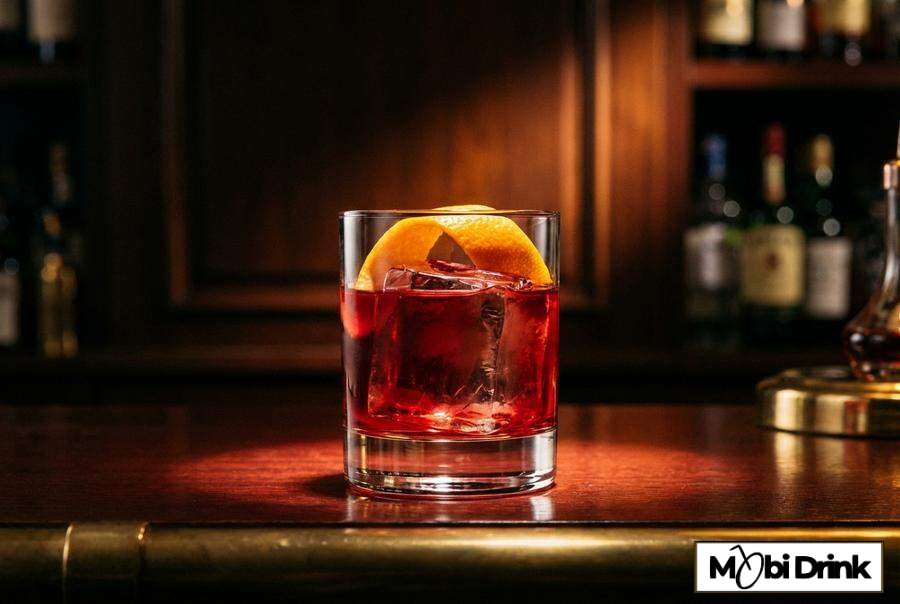Klasyczne Negroni w szklance z lodem i pomarańczą