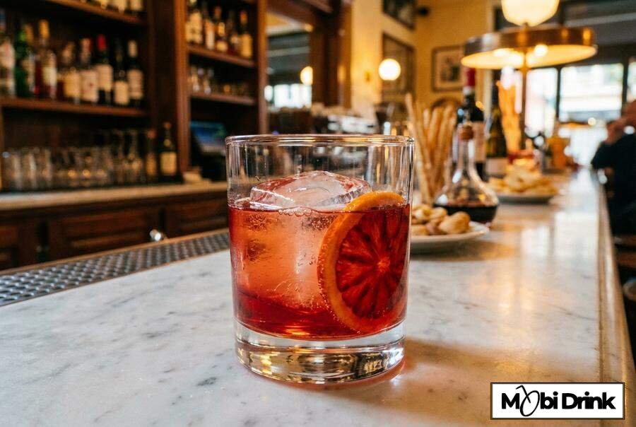 Szklanka Negroni Sbagliato z lodem i pomarańczą