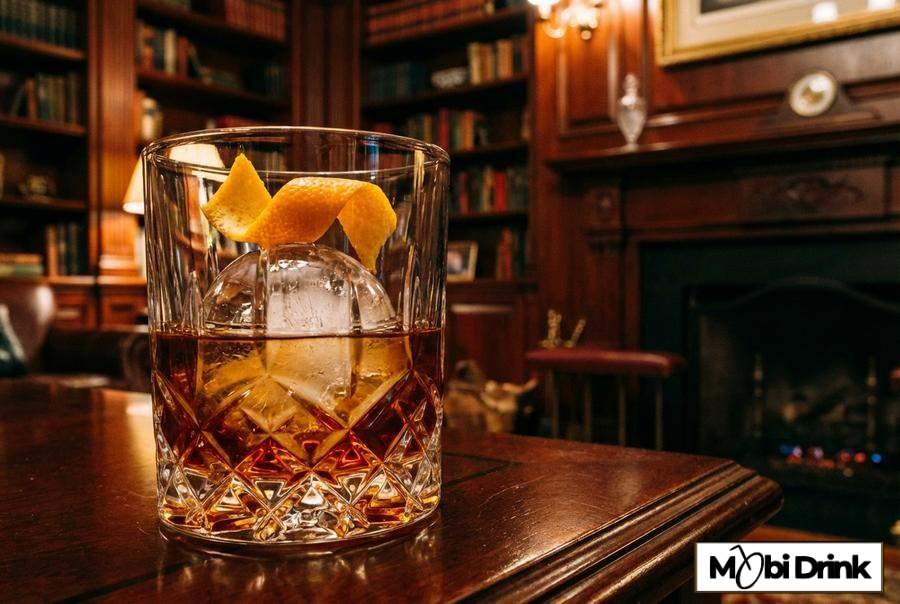 Klasyczny Old Fashioned z dużą kostką lodu