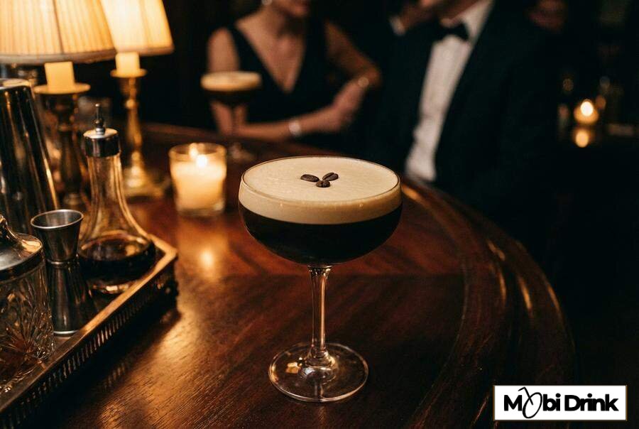 Kawowy drink Ouzo Espresso Martini z pianką w kieliszku coupe