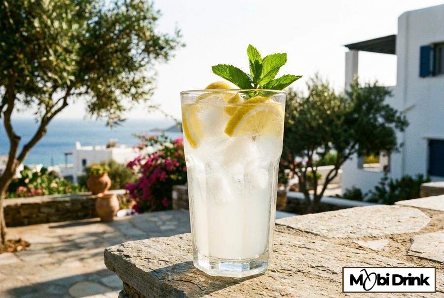 Orzeźwiający drink Ouzo Lemonade z cytryną i miętą w wysokiej szklance