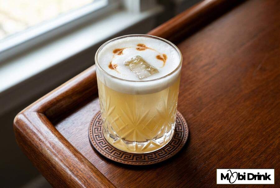 Klasyczny drink Ouzo Sour z puszystą pianką w niskiej szklance