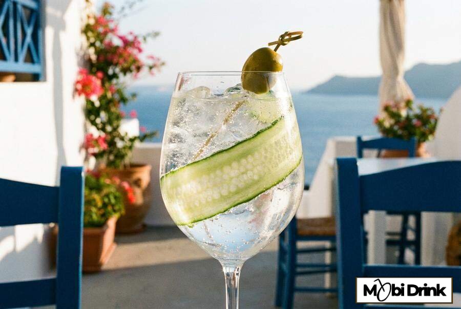 Musujący drink Ouzo Spritz w kieliszku do wina z ogórkiem