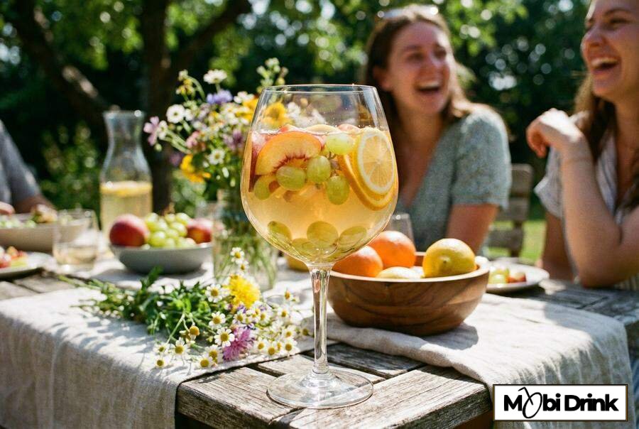 Biała sangria z owocami i likierem brzoskwiniowym