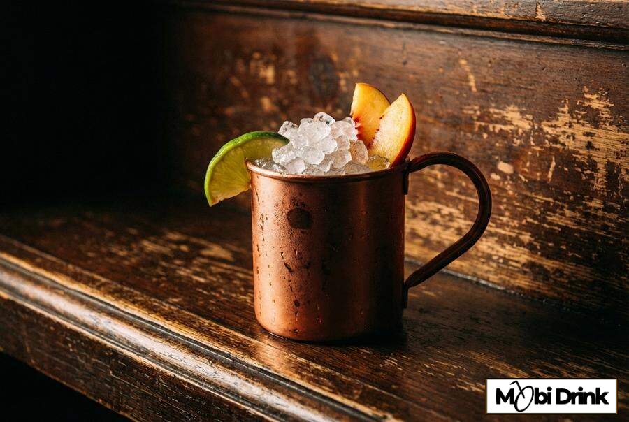 Drink Peachy Mule w miedzianym kubku z limonką