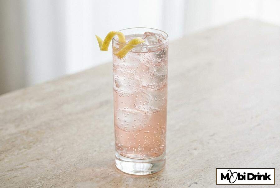 Wysoki drink Pink Gin Fizz z cytryną i lodem