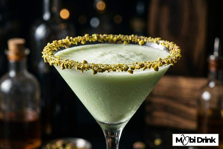 Kremowe Pistachio Martini z kruszonymi orzechami na brzegu