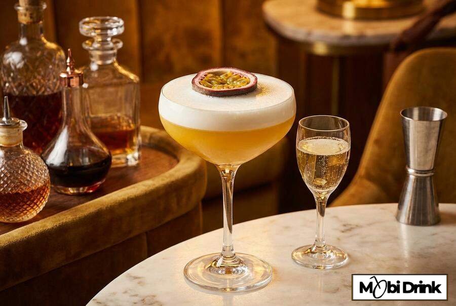 Koktajl Pornstar Martini z marakują i kieliszkiem prosecco