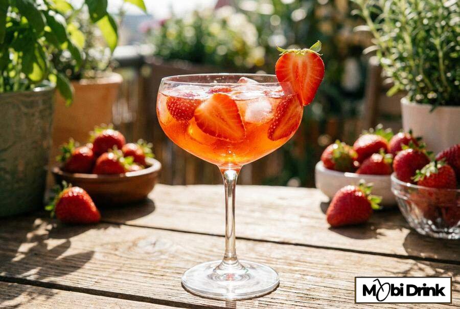 Truskawkowy Aperol Spritz z kawałkami owoców