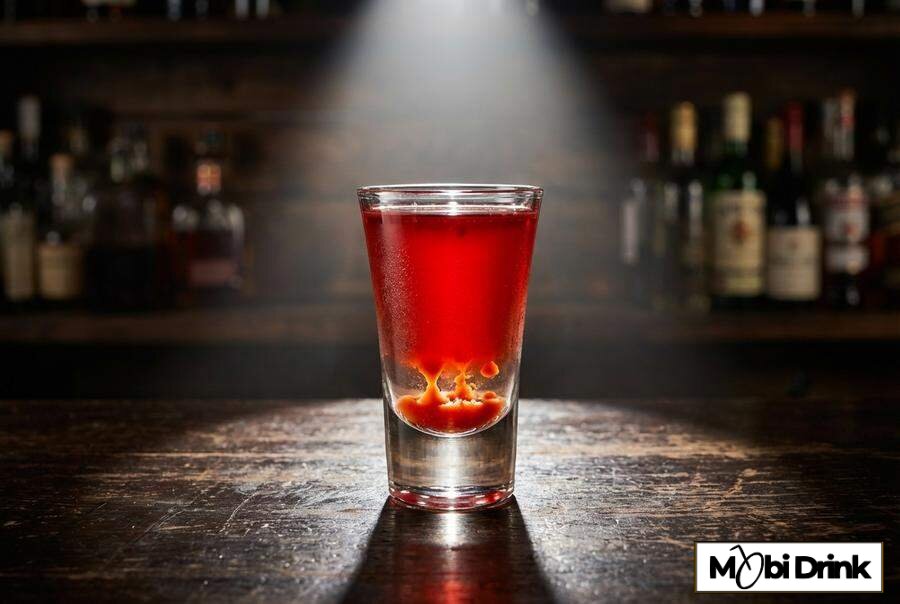 Czerwony shot z widocznymi kroplami tabasco na dnie