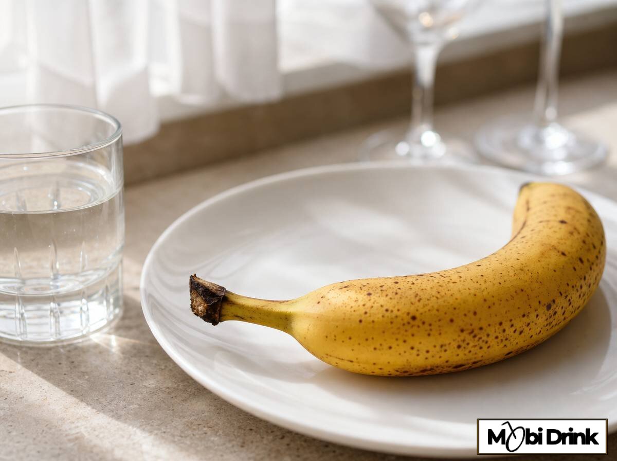 Dojrzały banan na talerzu obok szklanki wody jako śniadanie po alkoholu