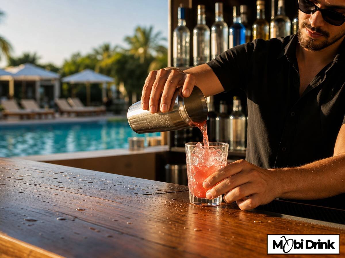 Barman przygotowujący koktajl przy barze hotelowym nad basenem w Turcji