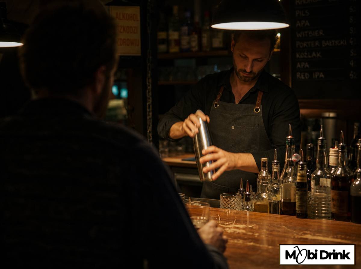 Barman przygotowuje drinka w polskim barze serwującym alkohol do spożycia na miejscu