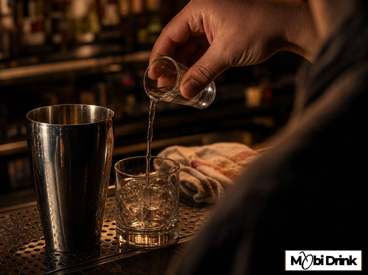 Barman nalewa niewielką porcję mocnej przezroczystej wódki do koktajlu