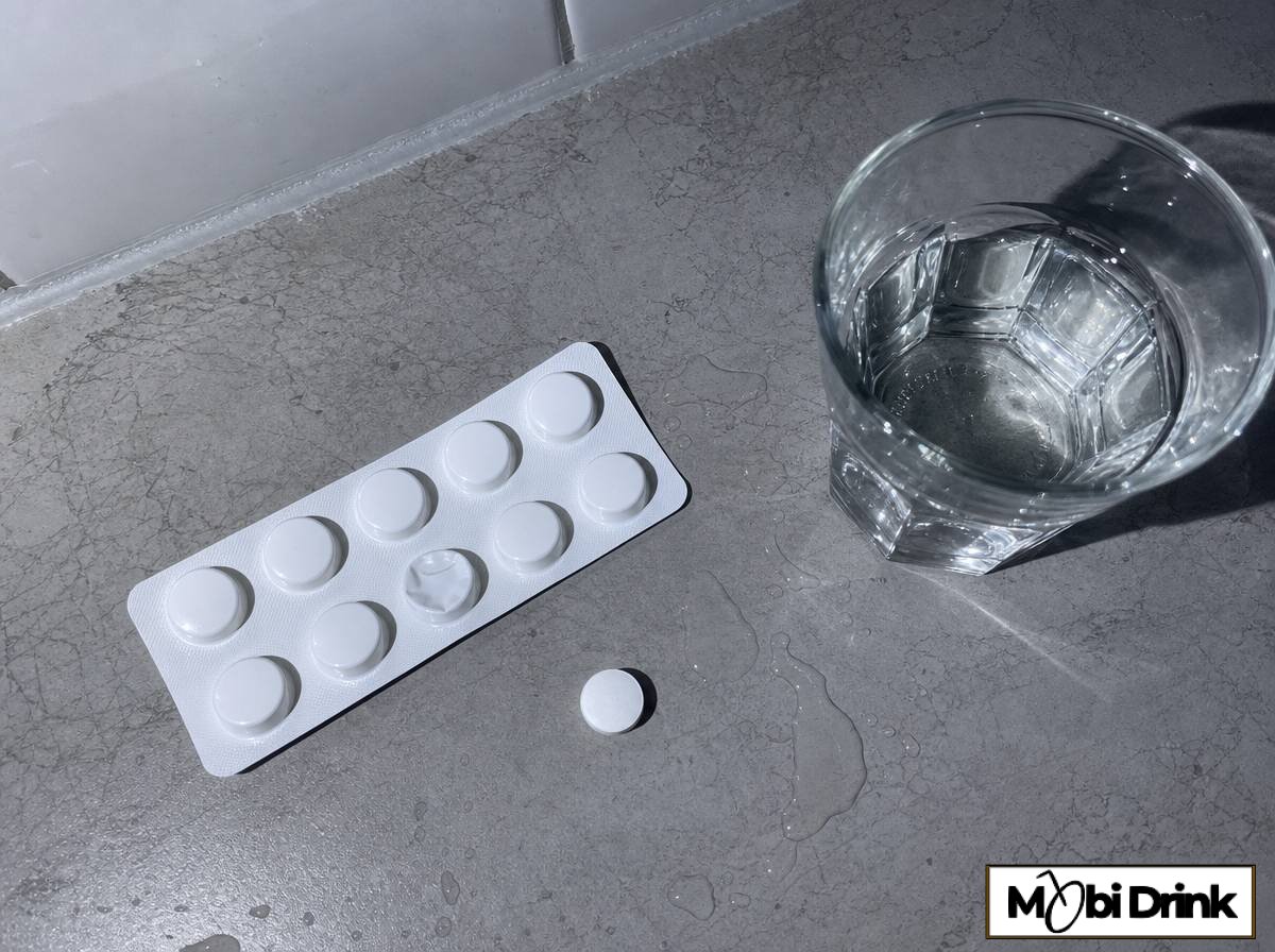 Blister tabletek przeciwbólowych obok szklanki wody na blacie