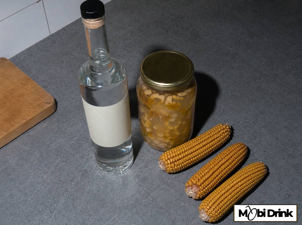 Butelka mocnego spirytusu zbożowego obok słoika domowej nalewki i kolb kukurydzy