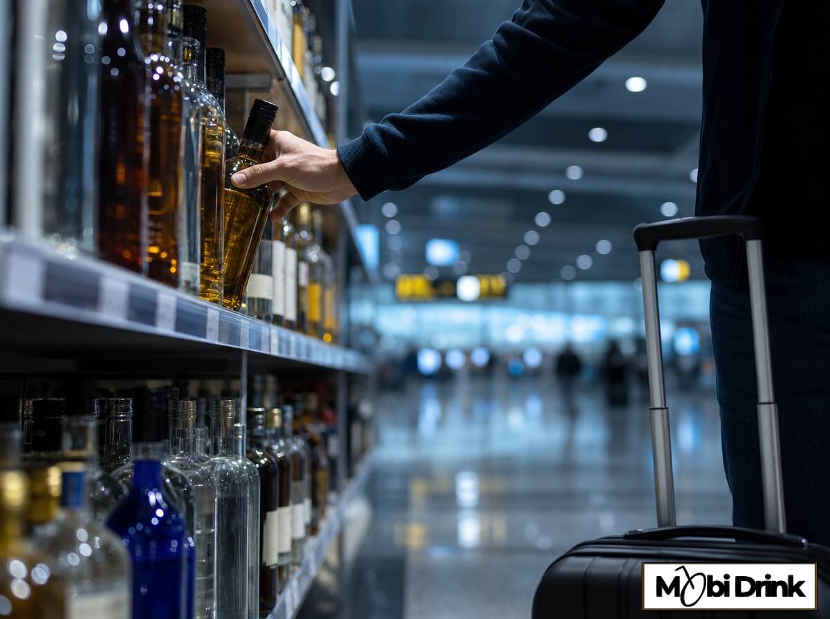 Regał z butelkami alkoholu w sklepie wolnocłowym na tureckim lotnisku