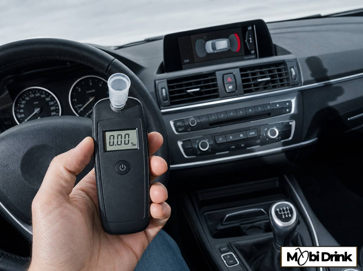 Kierowca trzyma elektroniczny alkomat z wynikiem na wyświetlaczu w samochodzie