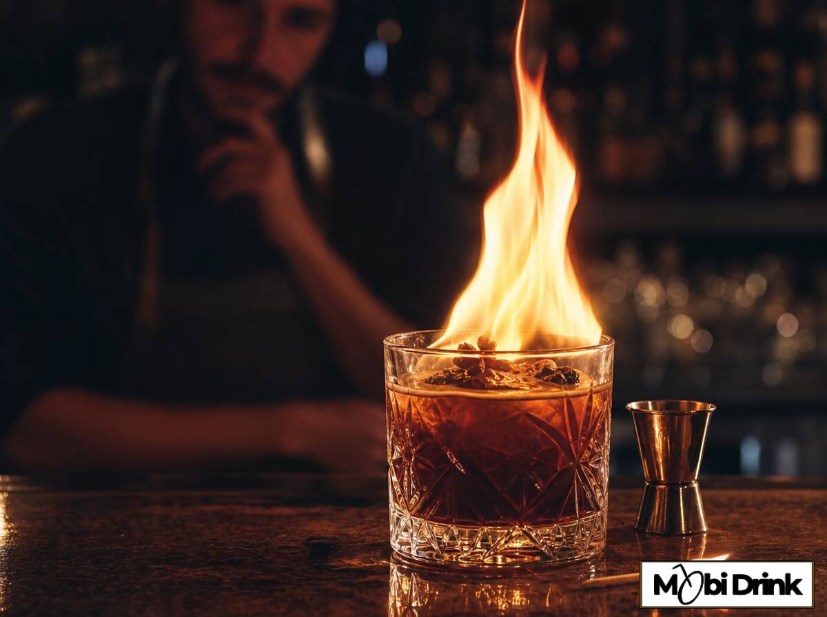 Płomień unoszący się nad koktajlem podczas flambowania mocnym rumem w barze