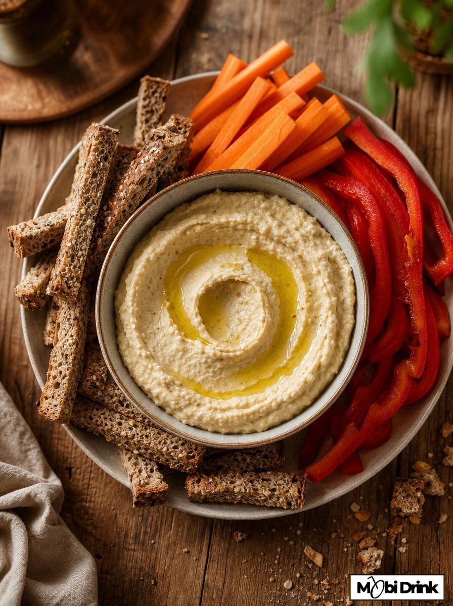 Hummus z pieczywem i warzywami jedzony przed piciem alkoholu