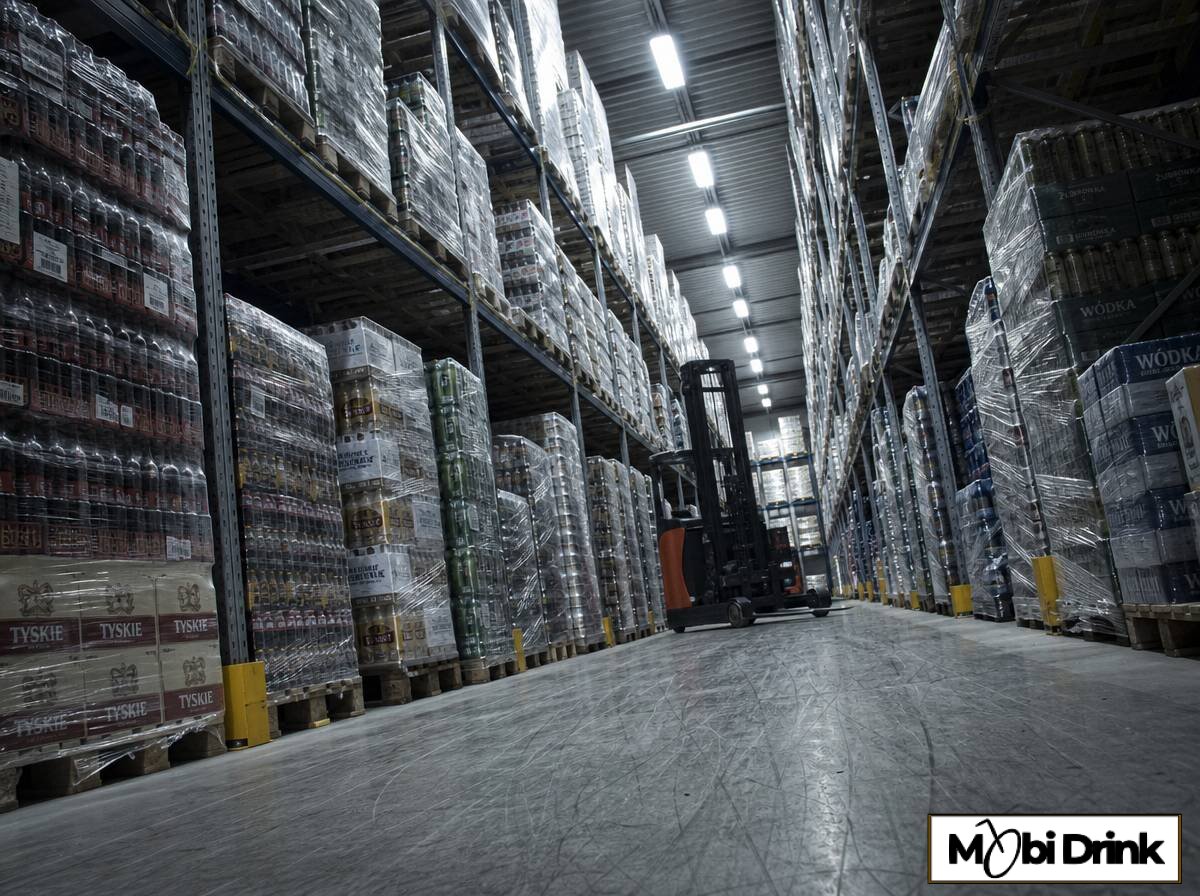 Regały z paletami alkoholu w hurtowni zaopatrującej sklepy w Polsce