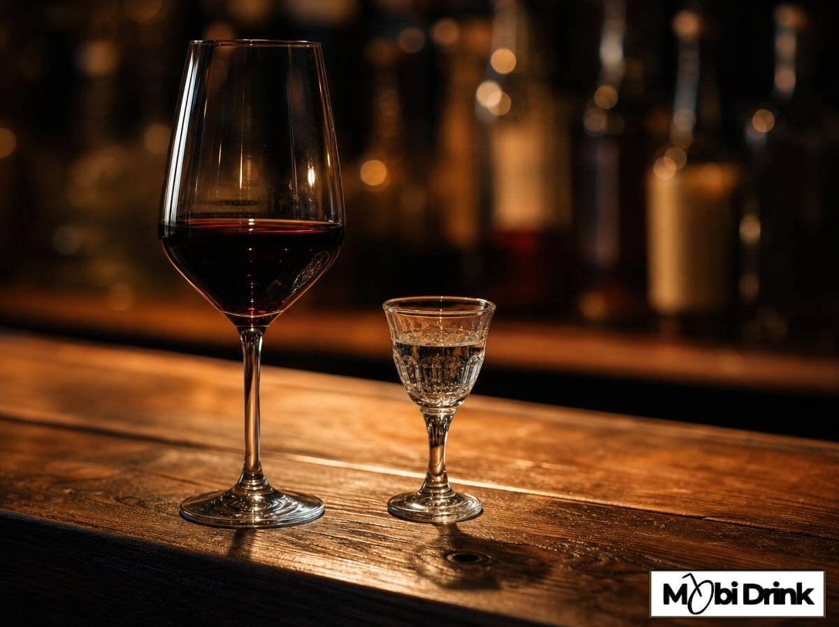 Porównanie wielkości kieliszka wina i kieliszka mocniejszego alkoholu na blacie