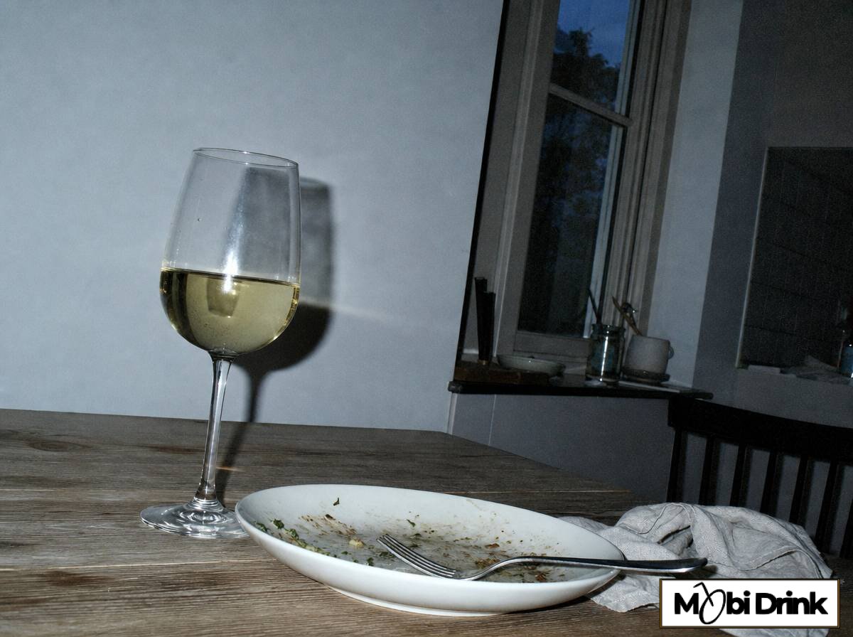 Kieliszek wina podany razem z obiadem przy oknie kuchennym