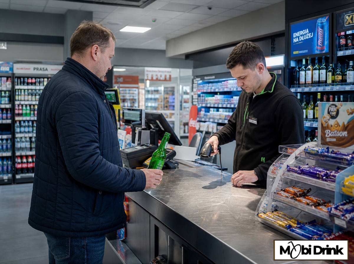 Klient kupuje piwo w sklepie na stacji paliw w ciągu dnia