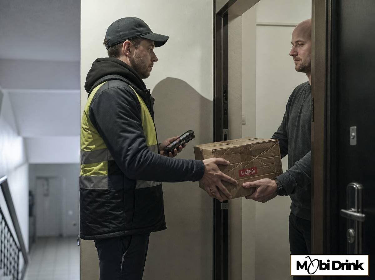 Kurier dostarcza zamówiony przez internet alkohol pod drzwi mieszkania