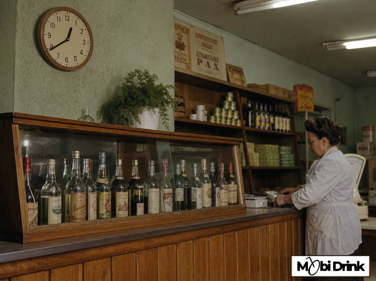 Lada z alkoholem w sklepie z czasów PRL i zegar wskazujący czas przed dozwoloną godziną sprzedaży