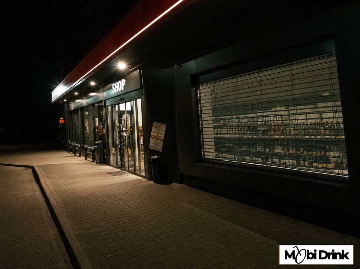Stacja paliw nocą z zasłoniętym regałem alkoholi i naklejką informacyjną