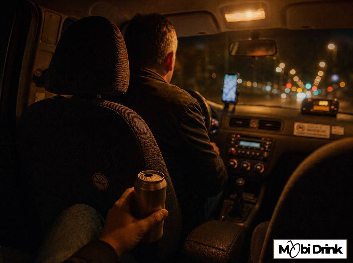 Pasażer w taksówce trzyma otwartą puszkę piwa podczas nocnej jazdy