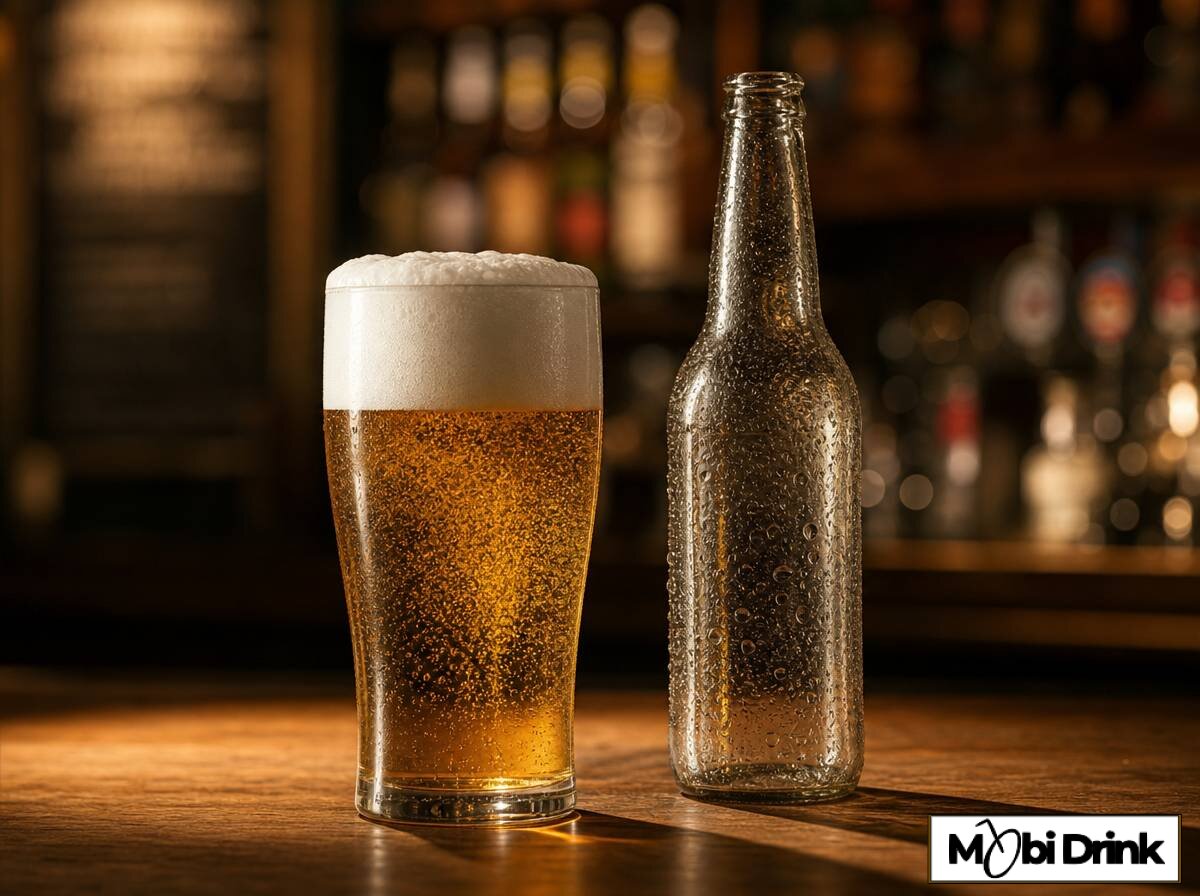 Szklanka piwa bezalkoholowego 0,5% z pianą jako popularny zamiennik alkoholu