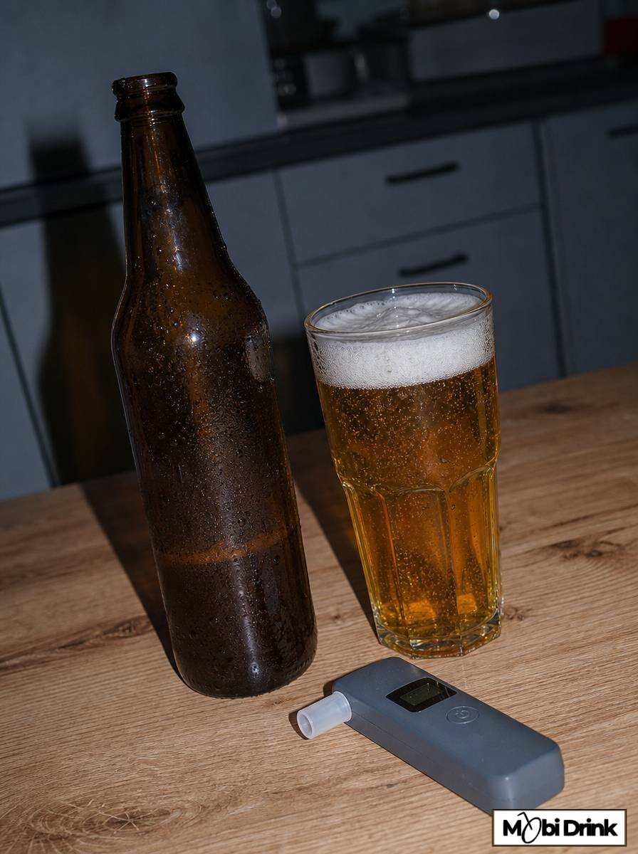 Butelka piwa 0,5 litra, szklanka z piwem i alkomat na stole kuchennym wieczorem