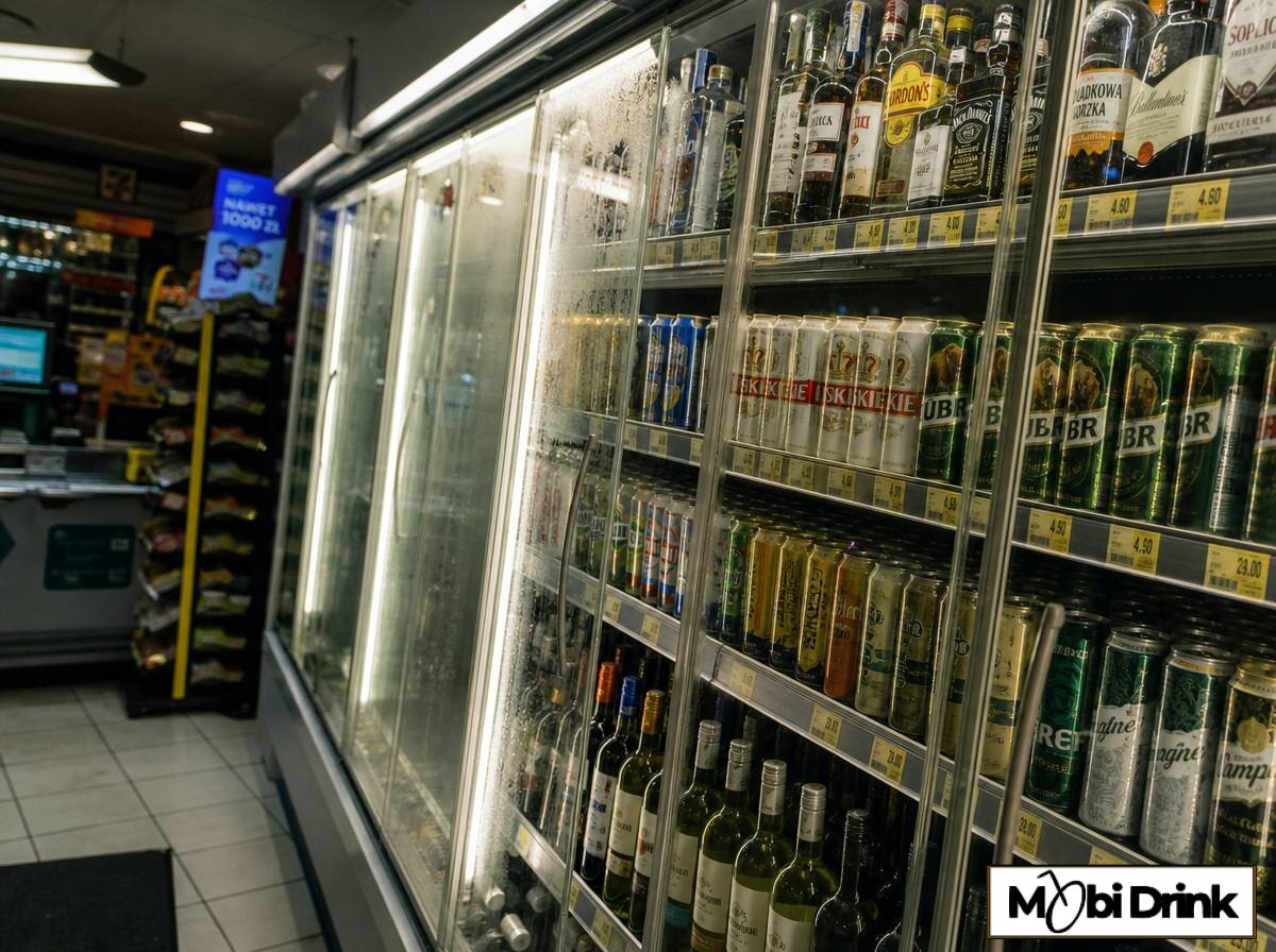 Półka z piwem i winem w sklepie na stacji paliw, przykład detalicznej sprzedaży alkoholu