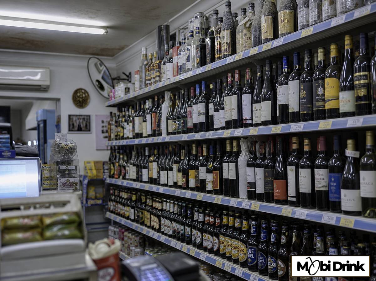 Półka sklepowa z lokalnymi trunkami - piwem, winem i likierami na Malcie