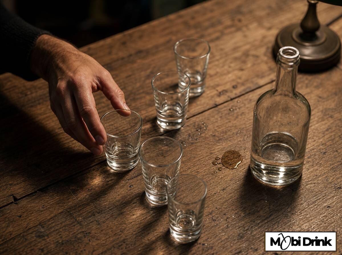 Rząd pustych szklanek po alkoholu na stole jako oznaka rosnącego upojenia
